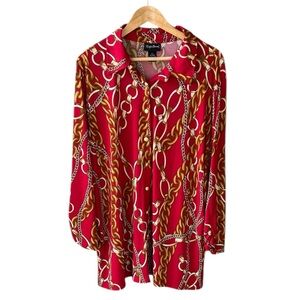 Maggie Barnes 2X Stretch Button Down Tunic Shirt Equestrian Print Burgundy Gold